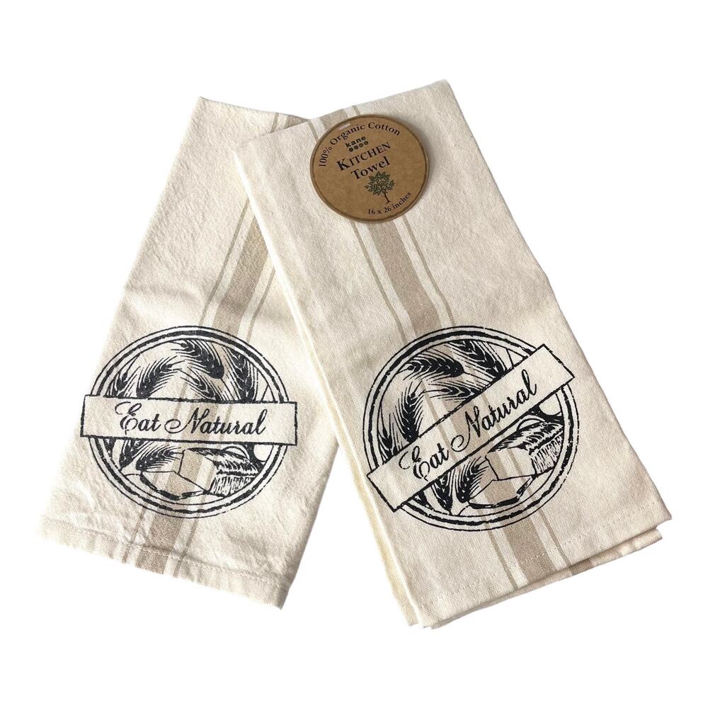 NEW Kane KITCHEN TOWEL SET (2) Eat Natural 100% Organic Cotton 16x26" Black Tan